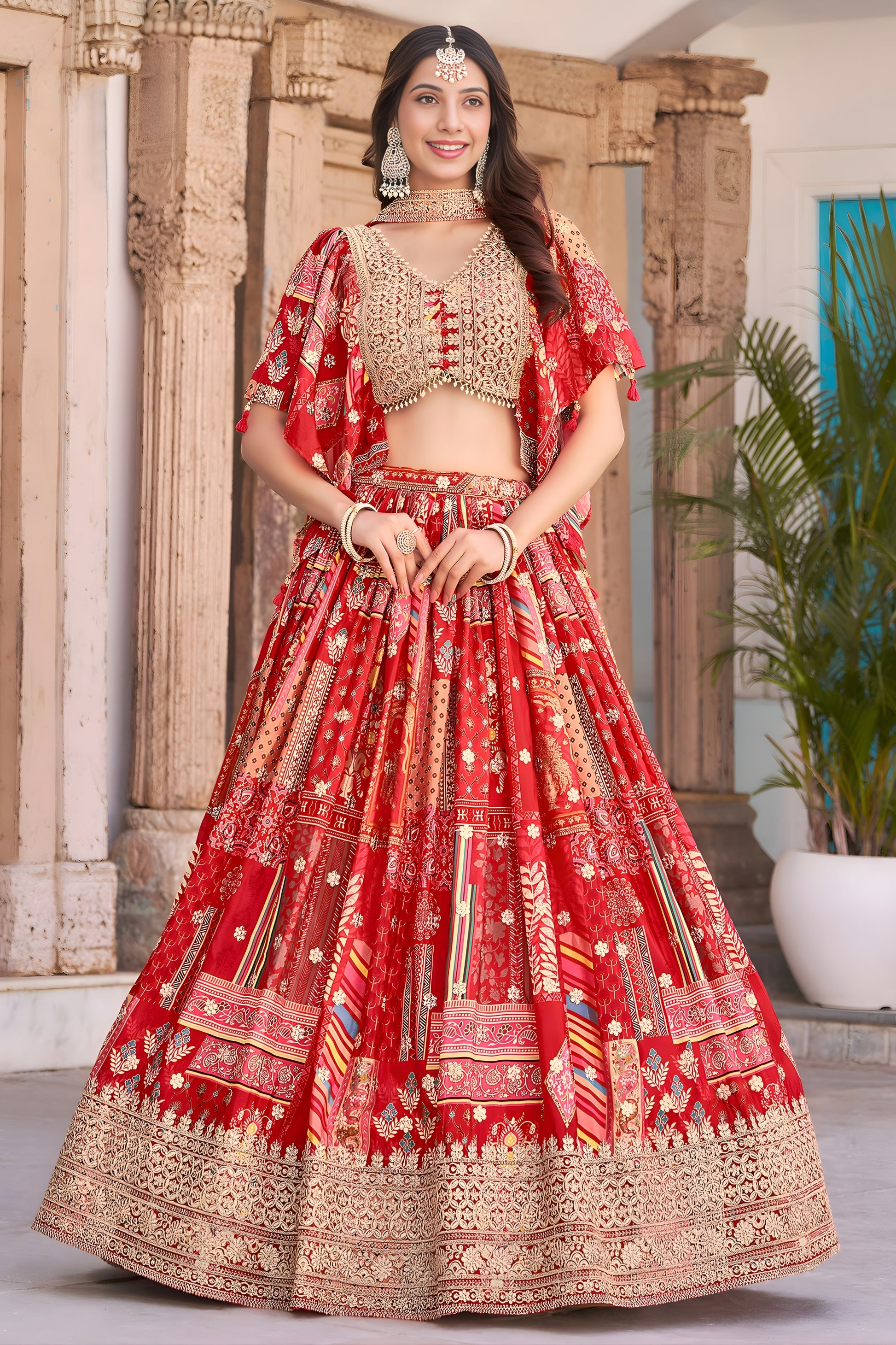 Trendy Red Multicolor Printed and Embroidered Chinnon Silk Lehenga Choli Set with Shrug for Wedding