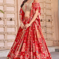 Trendy Red Multicolor Printed and Embroidered Chinnon Silk Lehenga Choli Set with Shrug for Wedding