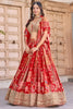 Trendy Red Multicolor Printed and Embroidered Chinnon Silk Lehenga Choli Set with Shrug for Wedding