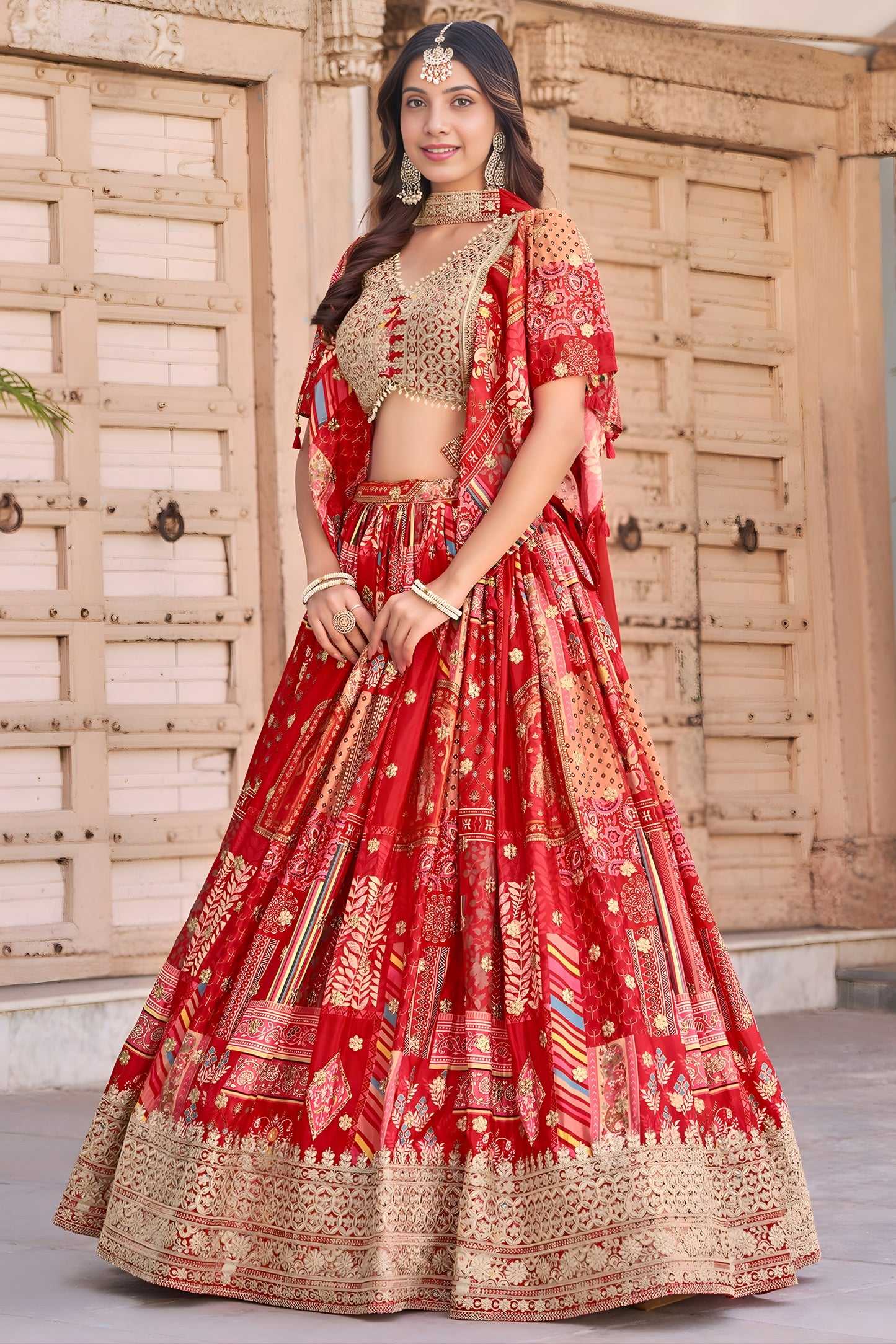 Trendy Red Multicolor Printed and Embroidered Chinnon Silk Lehenga Choli Set with Shrug for Wedding
