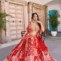 Trendy Red Multicolor Printed and Embroidered Chinnon Silk Lehenga Choli Set with Shrug for Wedding