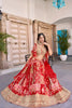 Trendy Red Multicolor Printed and Embroidered Chinnon Silk Lehenga Choli Set with Shrug for Wedding