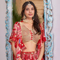 Trendy Red Multicolor Printed and Embroidered Chinnon Silk Lehenga Choli Set with Shrug for Wedding