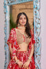 Trendy Red Multicolor Printed and Embroidered Chinnon Silk Lehenga Choli Set with Shrug for Wedding