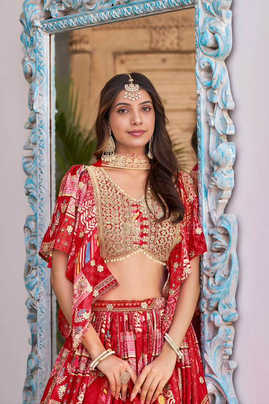 Trendy Red Multicolor Printed and Embroidered Chinnon Silk Lehenga Choli Set with Shrug for Wedding