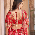 Trendy Red Multicolor Printed and Embroidered Chinnon Silk Lehenga Choli Set with Shrug for Wedding