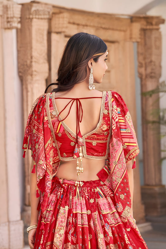 Trendy Red Multicolor Printed and Embroidered Chinnon Silk Lehenga Choli Set with Shrug for Wedding