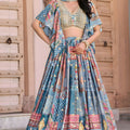 Wow Sky Blue Multicolor Printed and Embroidered Chinnon Silk Lehenga Choli Set with Shrug for Wedding