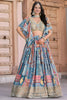 Wow Sky Blue Multicolor Printed and Embroidered Chinnon Silk Lehenga Choli Set with Shrug for Wedding