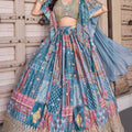 Wow Sky Blue Multicolor Printed and Embroidered Chinnon Silk Lehenga Choli Set with Shrug for Wedding