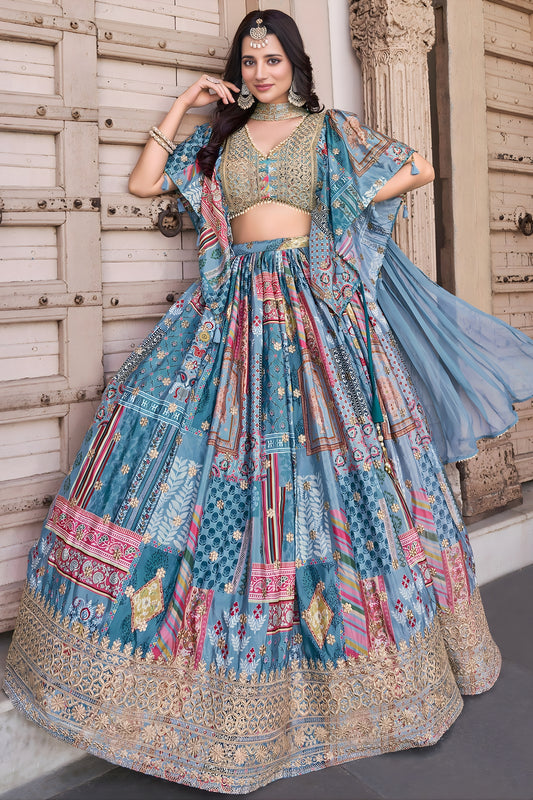 Wow Sky Blue Multicolor Printed and Embroidered Chinnon Silk Lehenga Choli Set with Shrug for Wedding