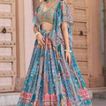 Wow Sky Blue Multicolor Printed and Embroidered Chinnon Silk Lehenga Choli Set with Shrug for Wedding