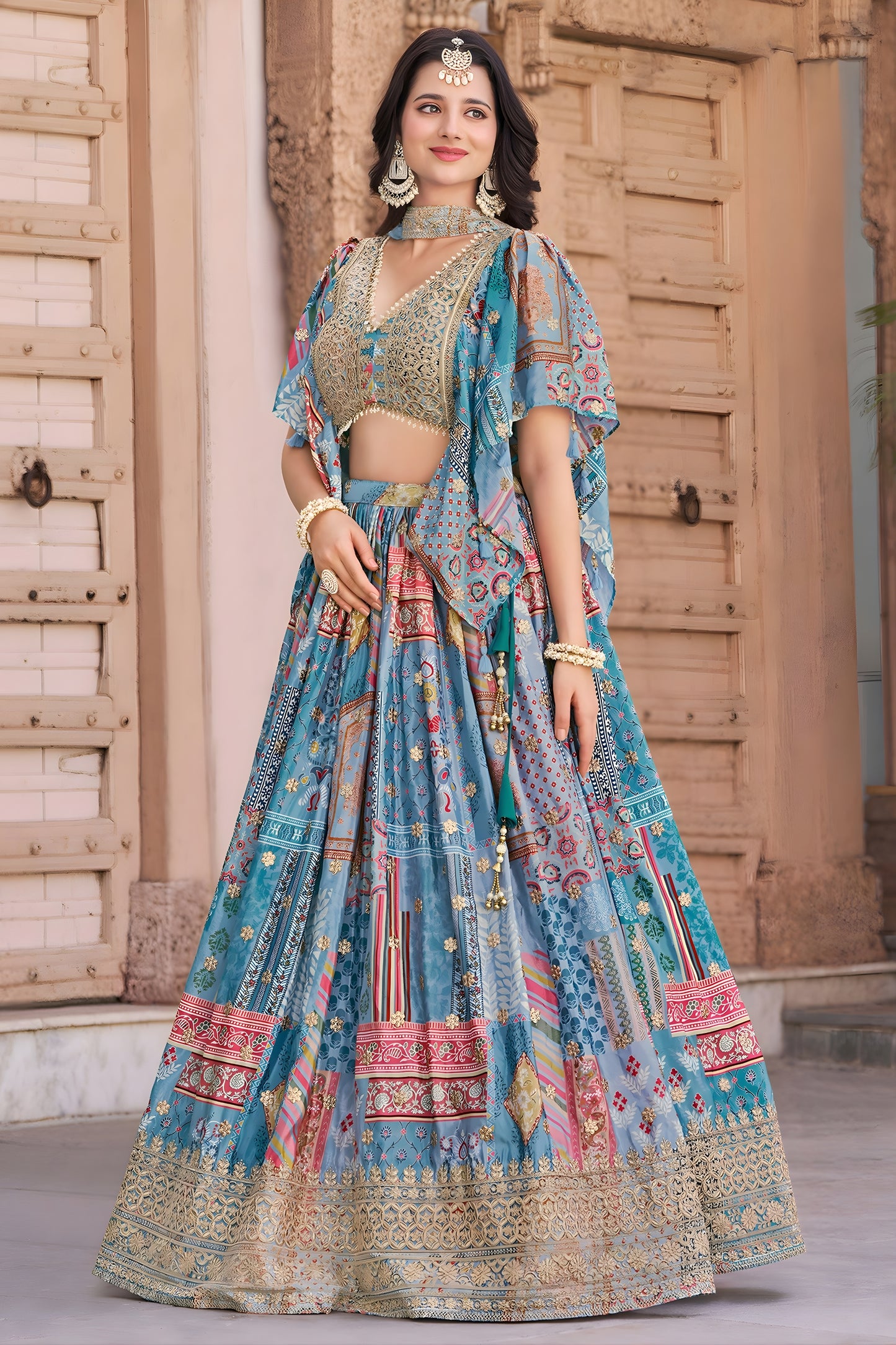Wow Sky Blue Multicolor Printed and Embroidered Chinnon Silk Lehenga Choli Set with Shrug for Wedding