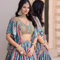 Wow Sky Blue Multicolor Printed and Embroidered Chinnon Silk Lehenga Choli Set with Shrug for Wedding
