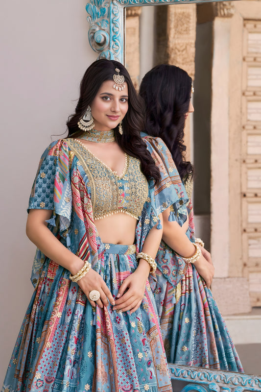 Wow Sky Blue Multicolor Printed and Embroidered Chinnon Silk Lehenga Choli Set with Shrug for Wedding