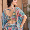 Wow Sky Blue Multicolor Printed and Embroidered Chinnon Silk Lehenga Choli Set with Shrug for Wedding