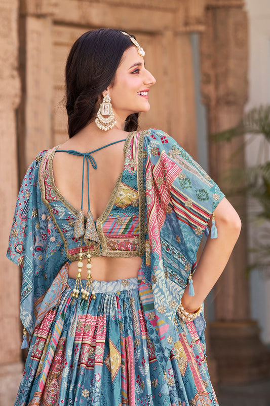 Wow Sky Blue Multicolor Printed and Embroidered Chinnon Silk Lehenga Choli Set with Shrug for Wedding