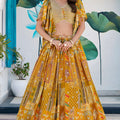 Fancy Yellow Multicolor Printed and Embroidered Chinnon Silk Lehenga Choli Set with Shrug for Wedding