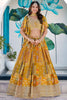 Fancy Yellow Multicolor Printed and Embroidered Chinnon Silk Lehenga Choli Set with Shrug for Wedding