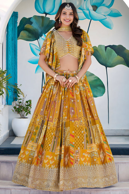 Fancy Yellow Multicolor Printed and Embroidered Chinnon Silk Lehenga Choli Set with Shrug for Wedding