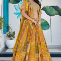 Fancy Yellow Multicolor Printed and Embroidered Chinnon Silk Lehenga Choli Set with Shrug for Wedding