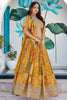 Fancy Yellow Multicolor Printed and Embroidered Chinnon Silk Lehenga Choli Set with Shrug for Wedding
