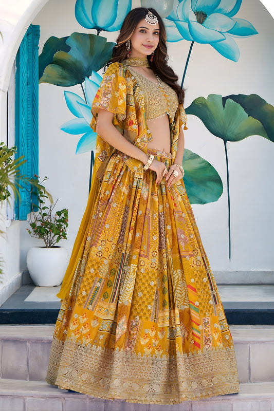 Fancy Yellow Multicolor Printed and Embroidered Chinnon Silk Lehenga Choli Set with Shrug for Wedding