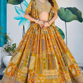 Fancy Yellow Multicolor Printed and Embroidered Chinnon Silk Lehenga Choli Set with Shrug for Wedding