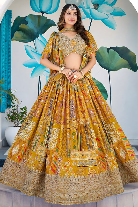 Fancy Yellow Multicolor Printed and Embroidered Chinnon Silk Lehenga Choli Set with Shrug for Wedding