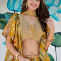 Fancy Yellow Multicolor Printed and Embroidered Chinnon Silk Lehenga Choli Set with Shrug for Wedding