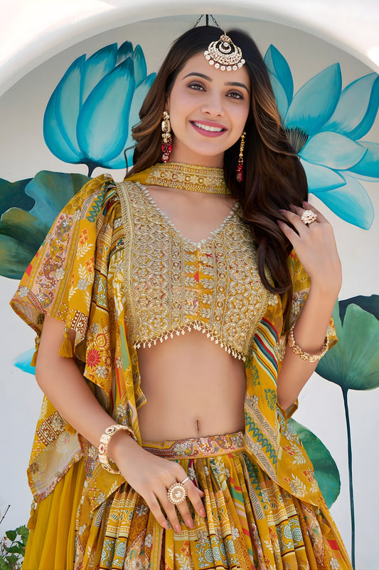 Fancy Yellow Multicolor Printed and Embroidered Chinnon Silk Lehenga Choli Set with Shrug for Wedding