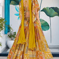 Fancy Yellow Multicolor Printed and Embroidered Chinnon Silk Lehenga Choli Set with Shrug for Wedding