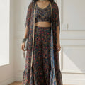 Elegant Black Floral Printed Georgette Lehenga Palazzo Set with Embroidered Crop Top