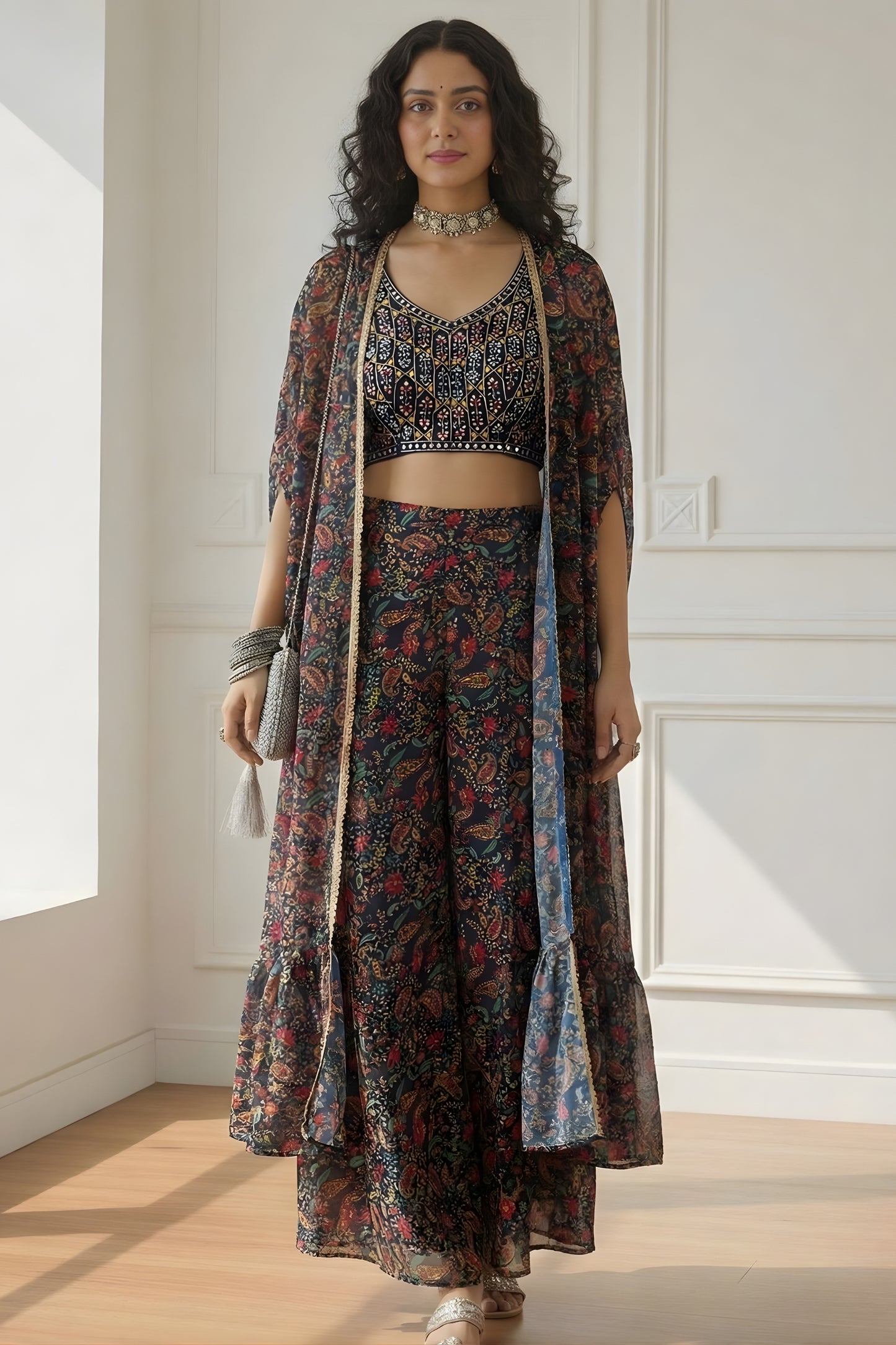 Elegant Black Floral Printed Georgette Lehenga Palazzo Set with Embroidered Crop Top