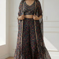 Elegant Black Floral Printed Georgette Lehenga Palazzo Set with Embroidered Crop Top
