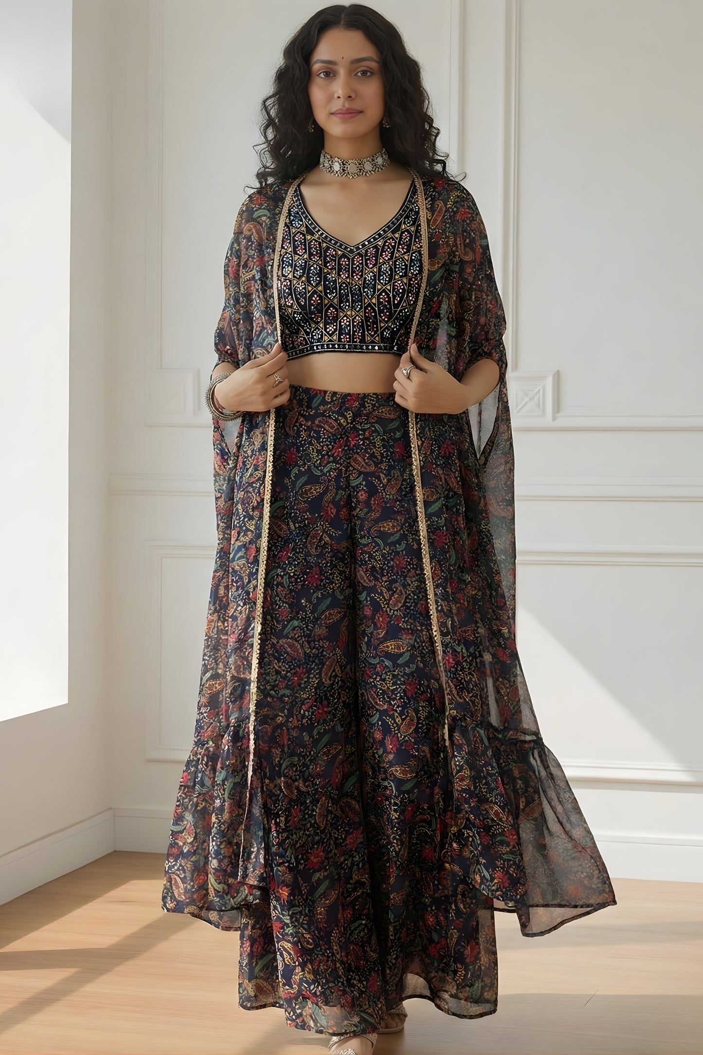 Elegant Black Floral Printed Georgette Lehenga Palazzo Set with Embroidered Crop Top