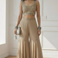 Stylish Beige Embroidered Georgette Palazzo Set with Crop Top and Long Shrug