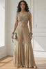 Stylish Beige Embroidered Georgette Palazzo Set with Crop Top and Long Shrug