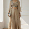 Stylish Beige Embroidered Georgette Palazzo Set with Crop Top and Long Shrug