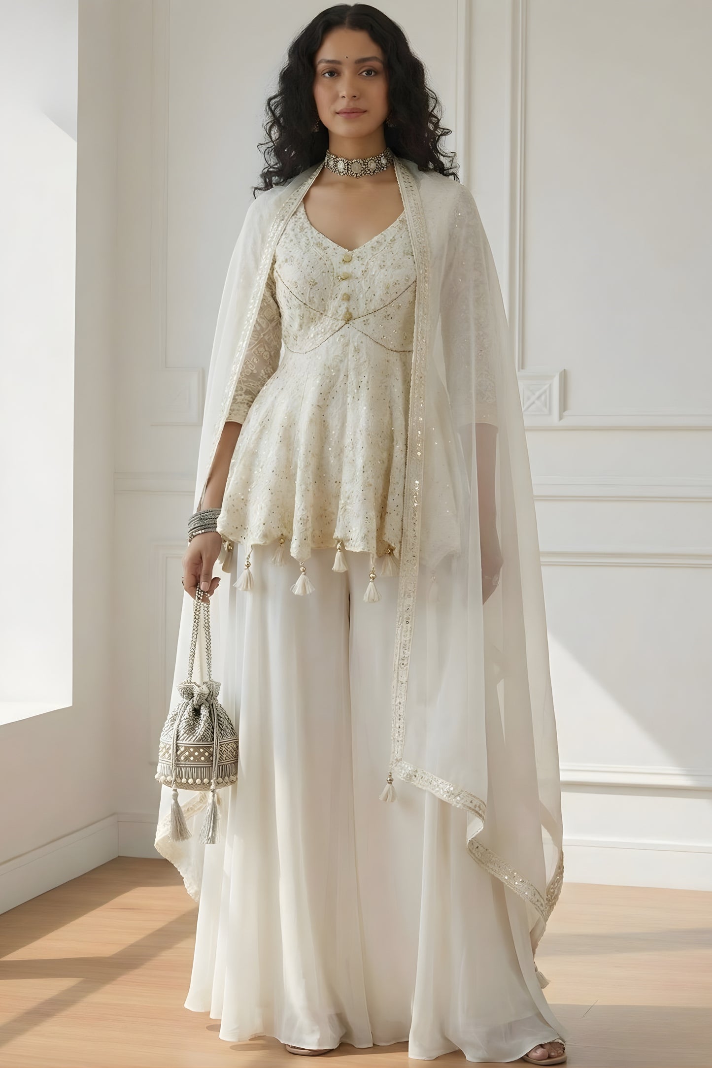 Trendy Off-White Embroidered Georgette Palazzo Set with Dupatta for Wedding