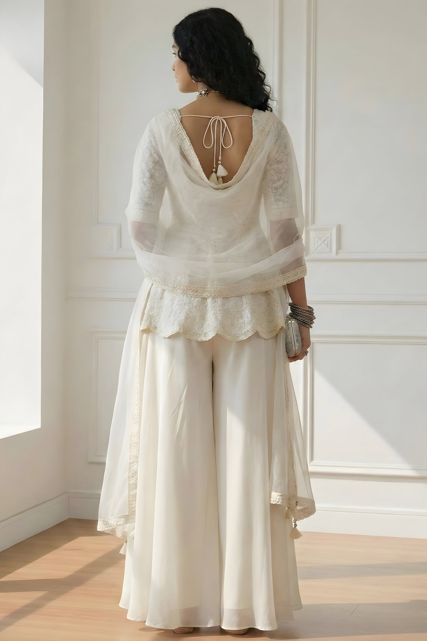 Trendy Off-White Embroidered Georgette Palazzo Set with Dupatta for Wedding