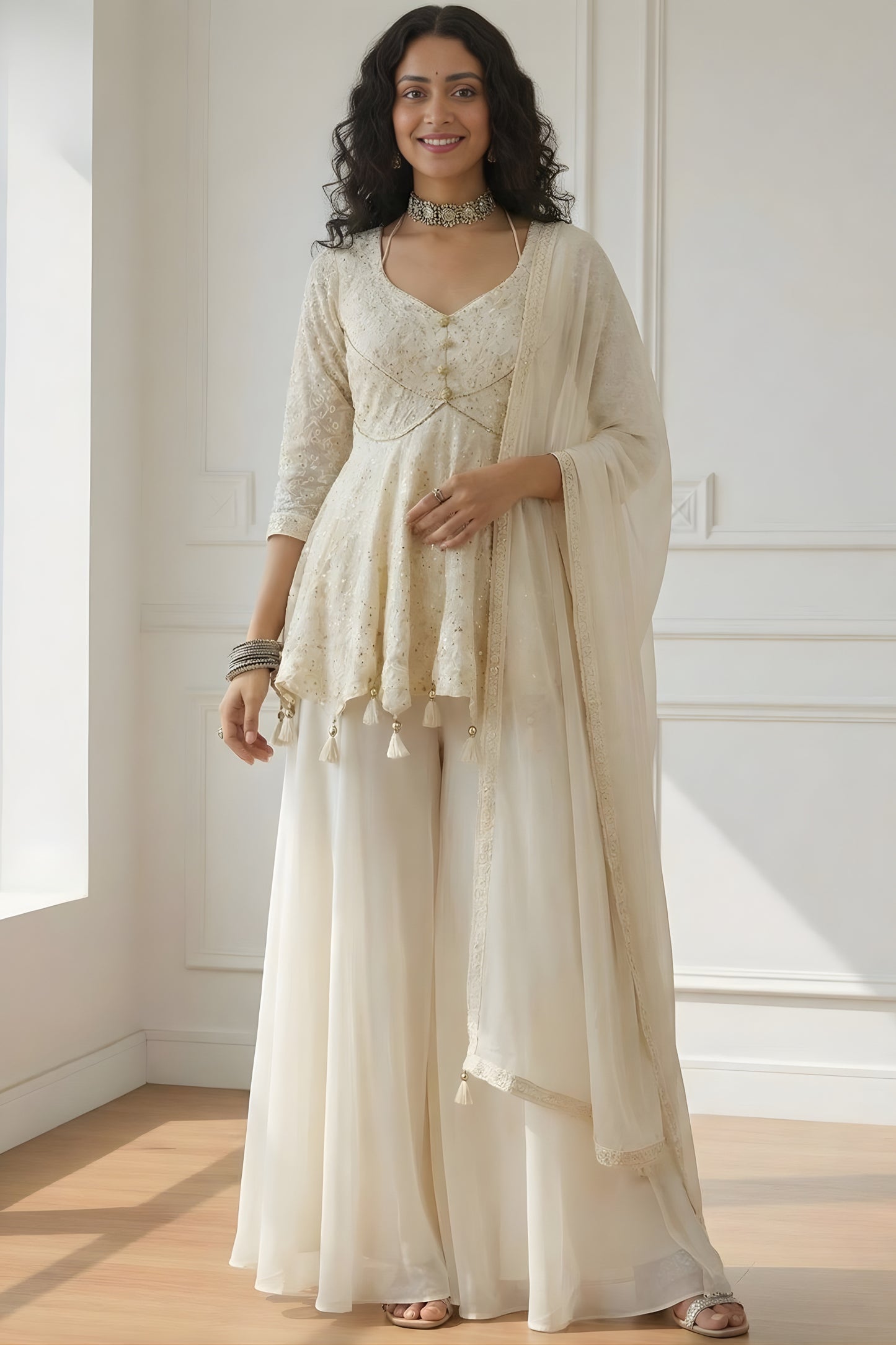 Trendy Off-White Embroidered Georgette Palazzo Set with Dupatta for Wedding
