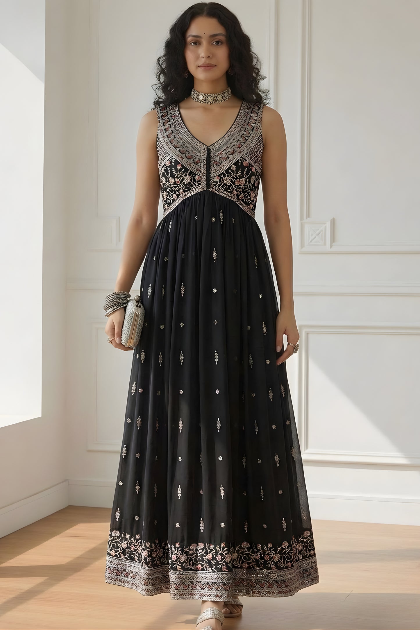 Vintage Black Embroidered Rangoli Silk Anarkali Suit with Dupatta for Wedding