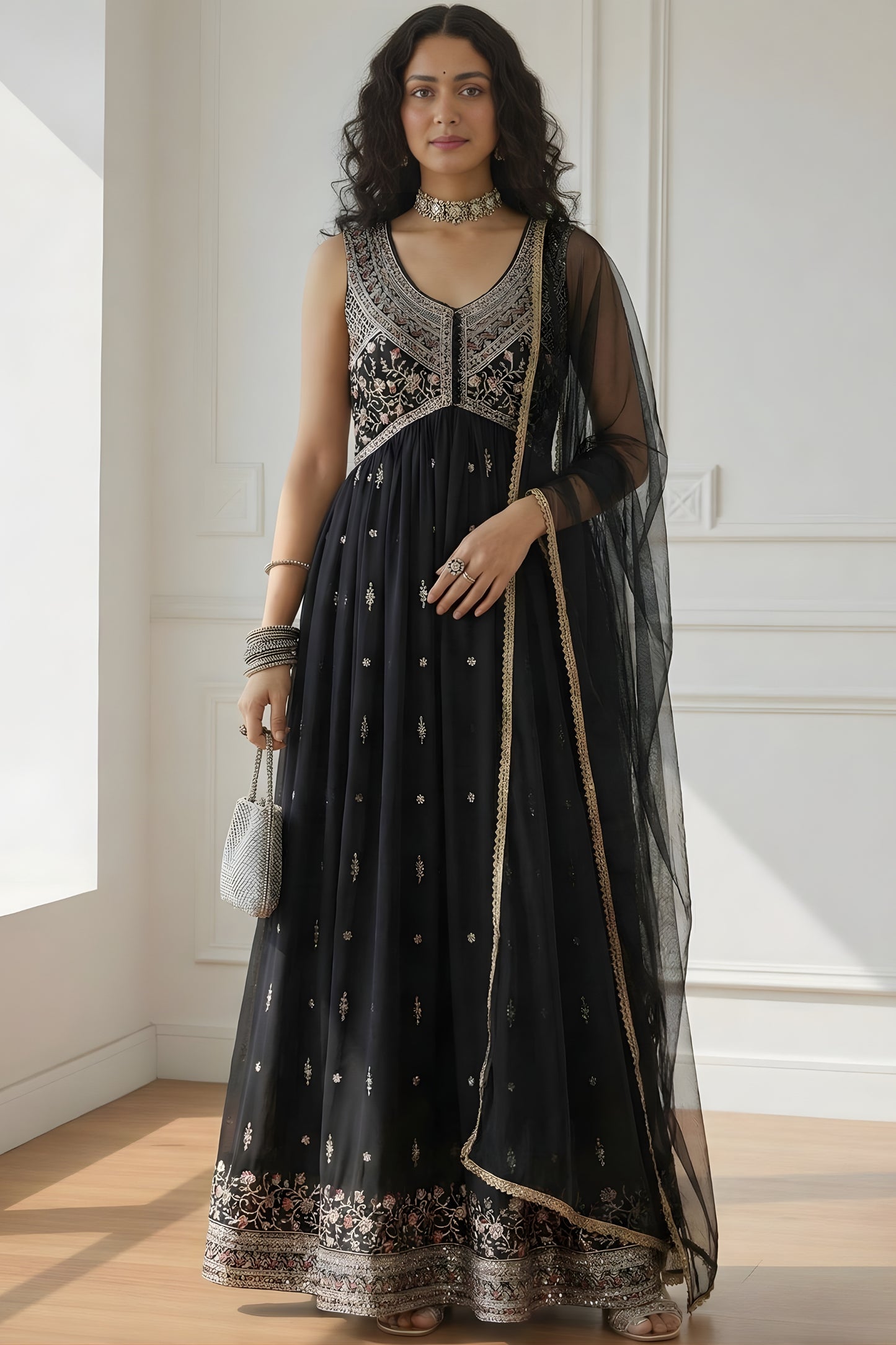 Vintage Black Embroidered Rangoli Silk Anarkali Suit with Dupatta for Wedding