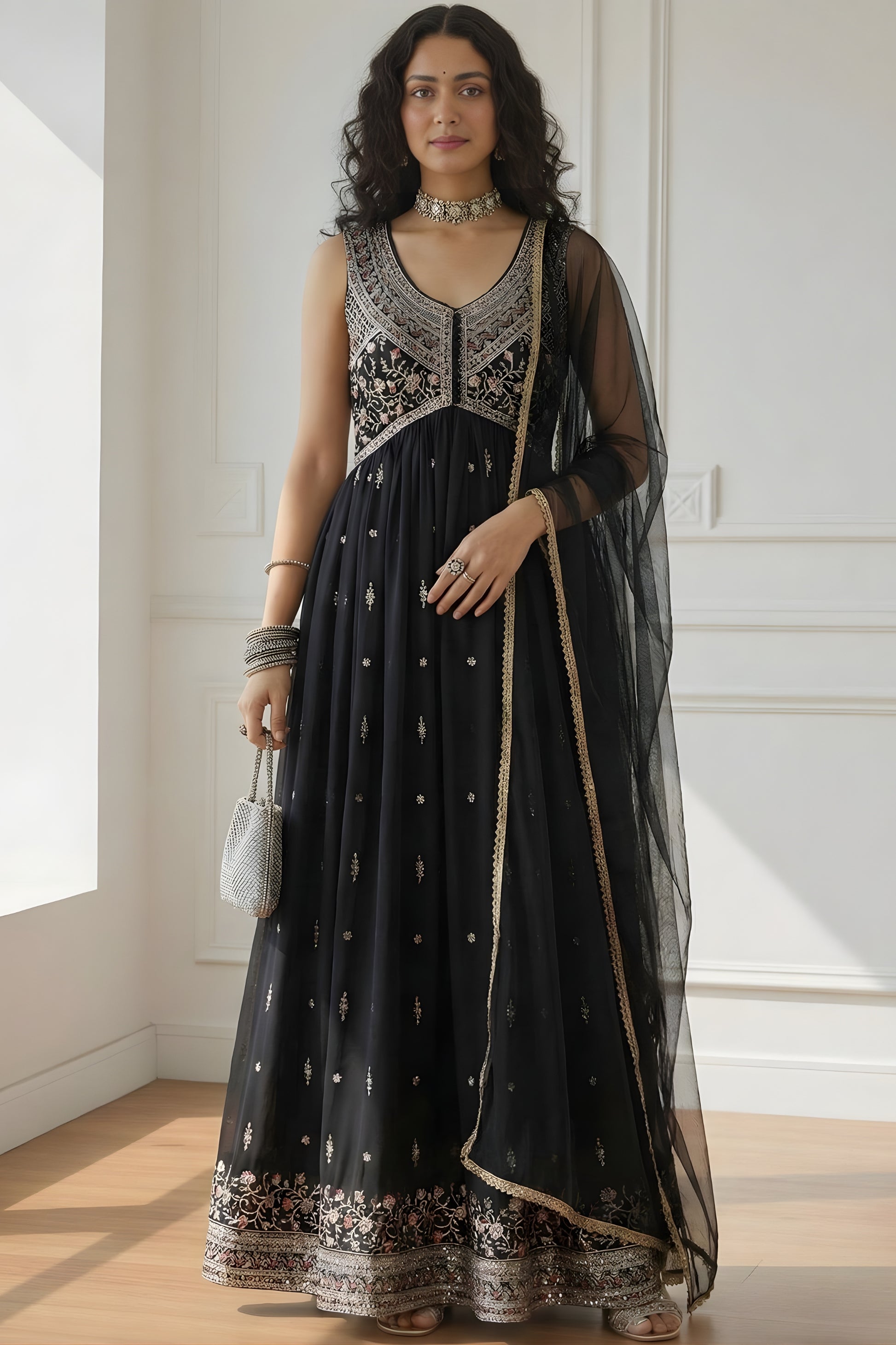 Vintage Black Embroidered Rangoli Silk Anarkali Suit with Dupatta for Wedding
