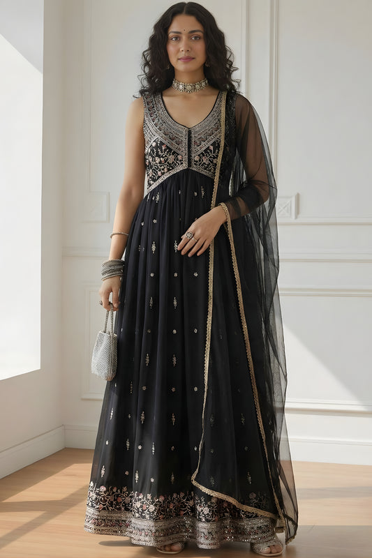 Vintage Black Embroidered Rangoli Silk Anarkali Suit with Dupatta for Wedding