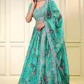 Wonderful Blue Floral Printed Lehenga Choli with Mirror Work and Matching Dupatta for Wedding