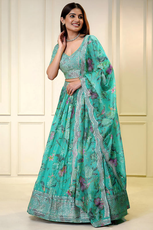 Wonderful Blue Floral Printed Lehenga Choli with Mirror Work and Matching Dupatta for Wedding