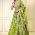 Elegant Lime Yellow Floral Printed Lehenga Choli with Mirror Work and Matching Dupatta for Wedding