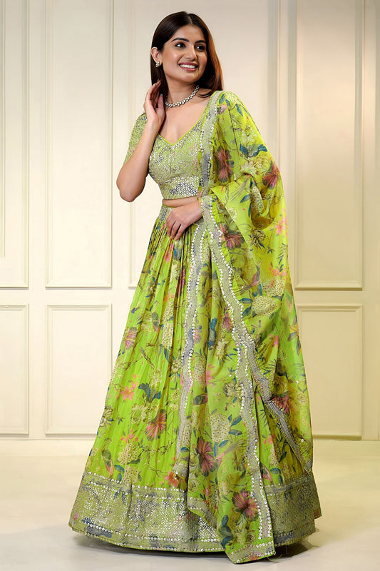 Elegant Lime Yellow Floral Printed Lehenga Choli with Mirror Work and Matching Dupatta for Wedding